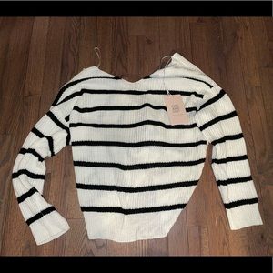 Slouchy Knit Striped Sweater with Twist Back